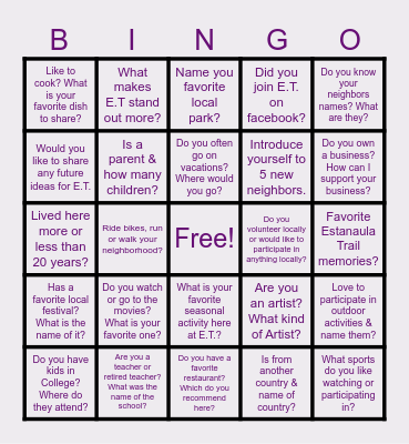 E.T. "Get To Know Your Neighbor" Bingo Card