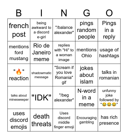 Alexander bingo Card