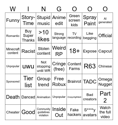 Types of Roblox Shorts Bingo Card