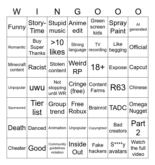 Types of Roblox Shorts Bingo Card