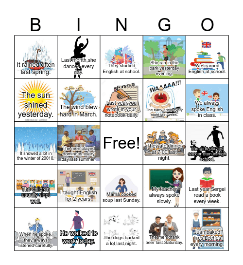 Tenses: Simple Past Bingo (sentences) Bingo Card