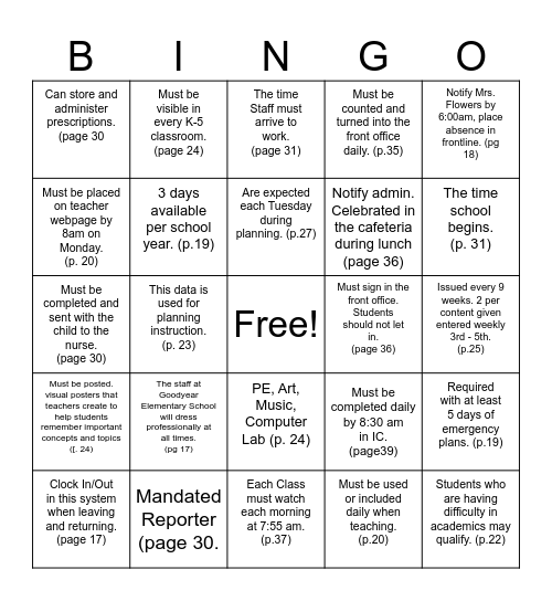 24-25 Goodyear Staff Handbook Bingo Card