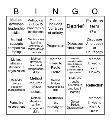 Experiential Learning Bingo Card