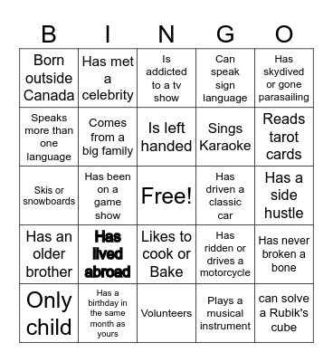 Get to know you Bingo Card