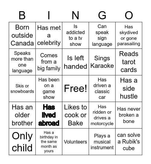 Get to know you Bingo Card