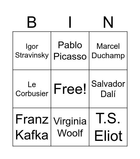 Modernism Bingo Card