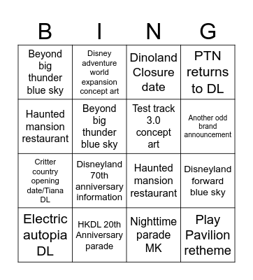 Disney experiences showcase predictions bingo card Bingo Card