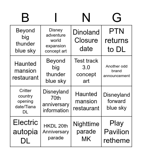 Disney experiences showcase predictions bingo card Bingo Card