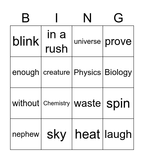 Words Bingo Card