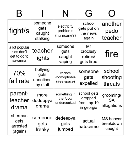 school year Bingo (2024-2025) Bingo Card