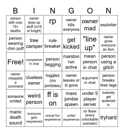 G&B custom server Bingo Card