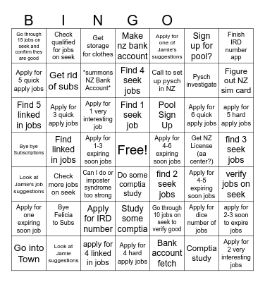 Job hunting/NZ Move Bingo Card