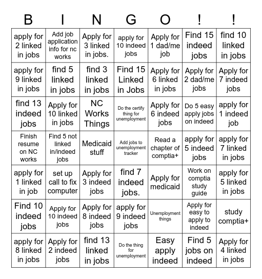 Job hunting Bingo Card