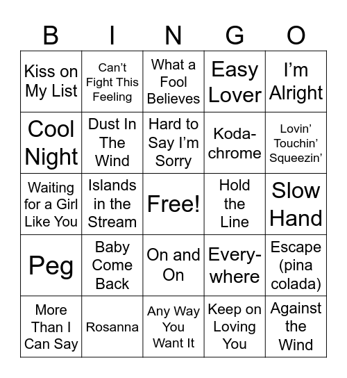 Yacht Rock Bingo Card