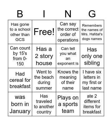 Get to know You Bingo Card