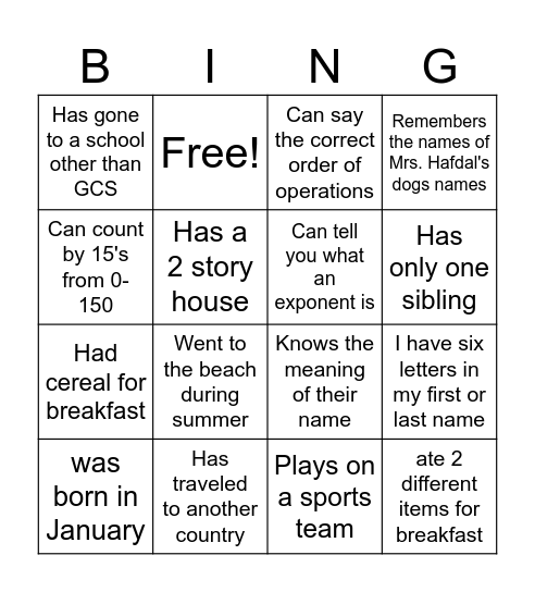 Get to know You Bingo Card