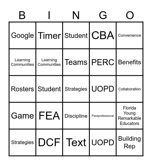 DTU Back To School BINGO Card