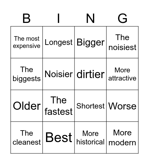 Comparatives and Superlatives Bingo Card