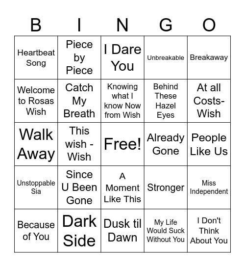 Kelly Clarkson BINGO Card