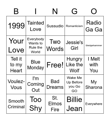 80s Pop Hits Bingo Card