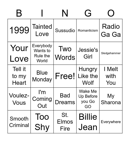 80s Pop Hits Bingo Card