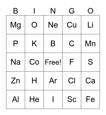 Elements of the Periodic Table Bingo Card