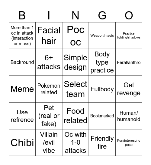 Artfight Bingo Card