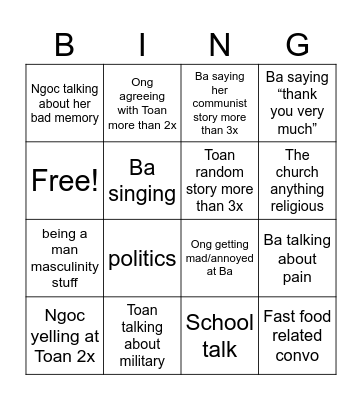 Dinner Bingo Card