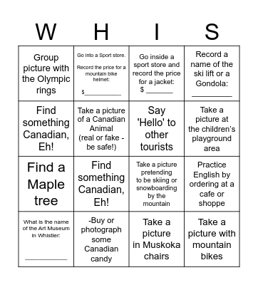 Whistler Bingo! Bingo Card