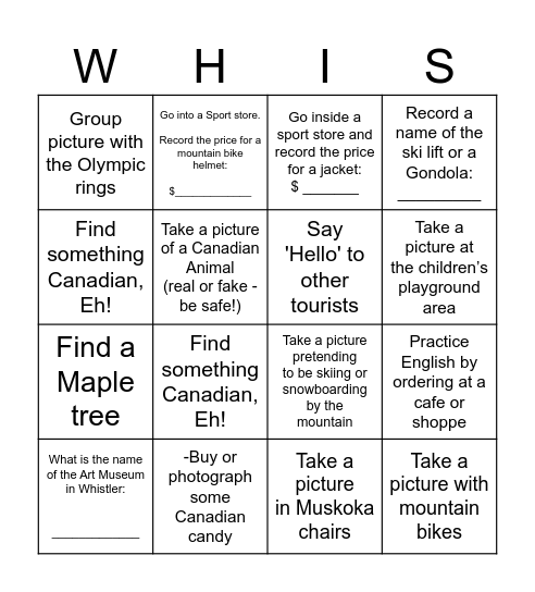 Whistler Bingo! Bingo Card