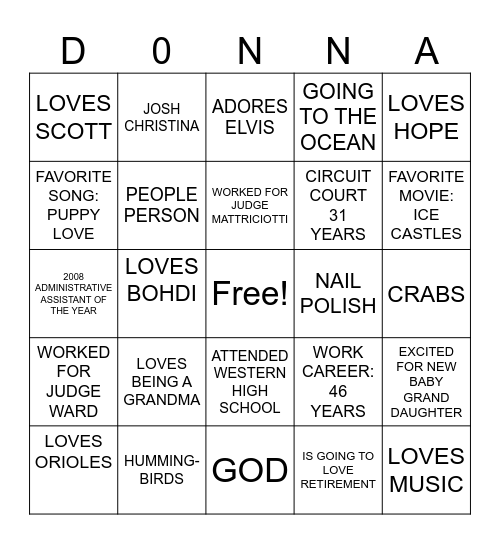 DONNA'S RETIREMENT Bingo Card