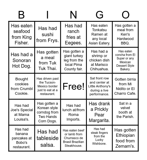 Tucson Food & Restaurant Style BINGO Card