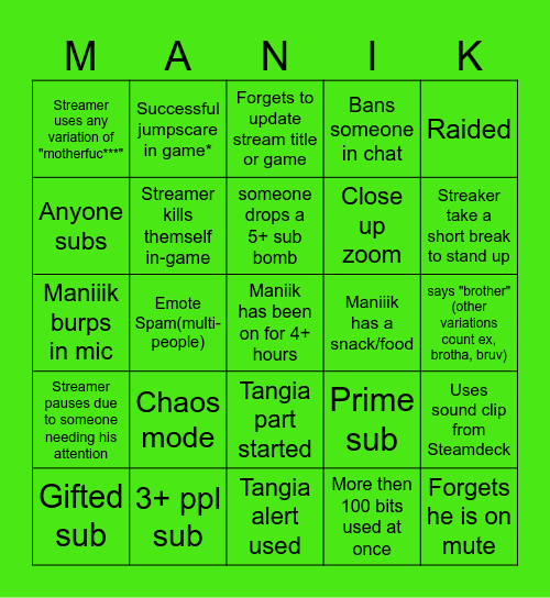 Twitch Stream Bingo Card