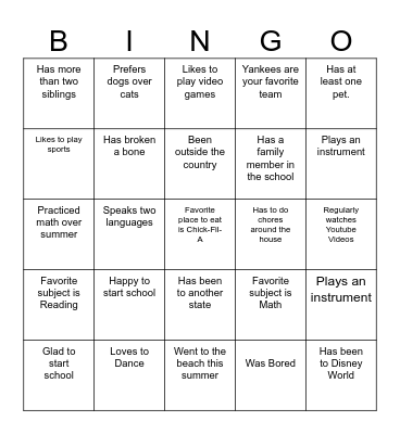 First Day of School in Room 19 Bingo Card