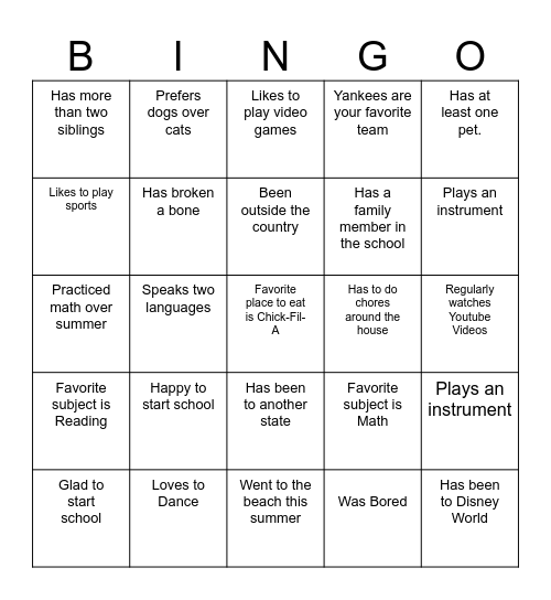 First Day of School in Room 19 Bingo Card