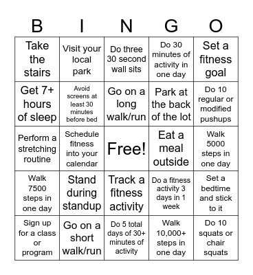 Fitness Bingo Card