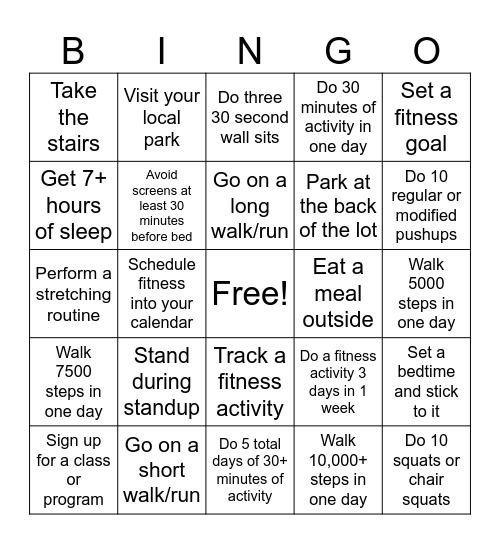 Fitness Bingo Card