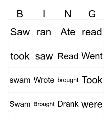 Irregular verbs in past tense Bingo Card