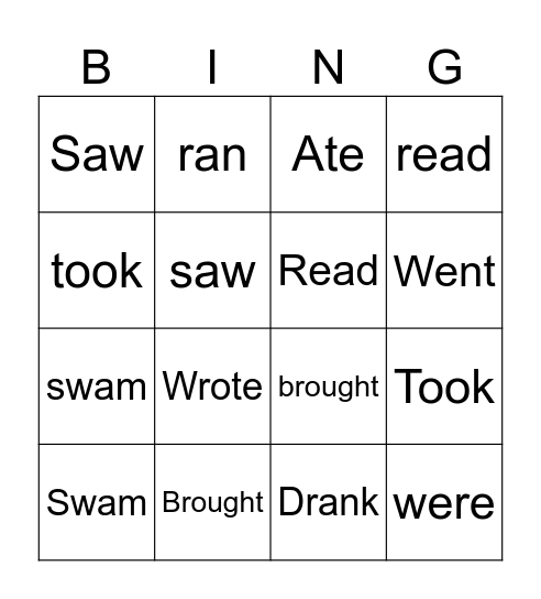 Irregular verbs in past tense Bingo Card