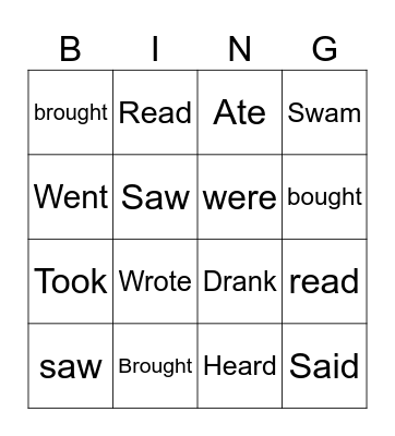 Irregular verbs in past tense Bingo Card