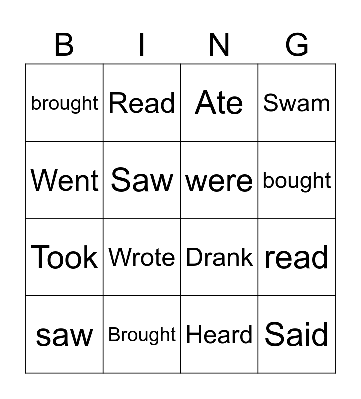 Irregular verbs in past tense Bingo Card