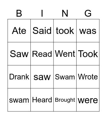 Irregular verbs in past tense Bingo Card