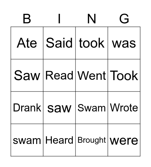 Irregular verbs in past tense Bingo Card