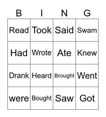 Irregular verbs in past tense Bingo Card