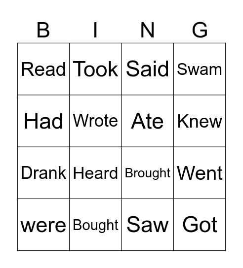 Irregular verbs in past tense Bingo Card