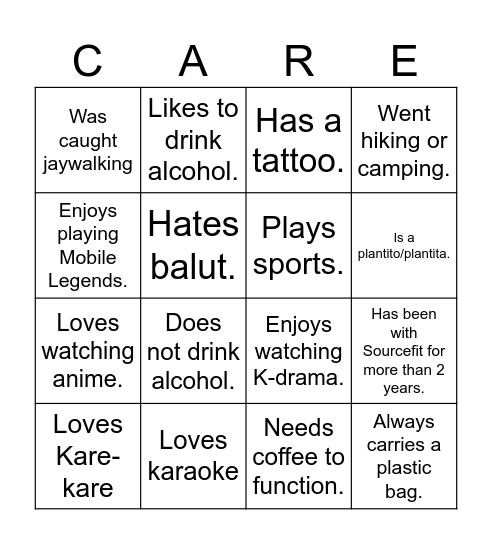 Sourcefit Bingo Card