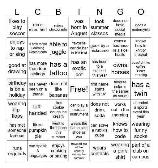 Locate colleagues who fit the descriptions below. Write their name and program within the corresponding box. Each person can sign your card only once. To win, you must achieve a blackout on your BINGO card. Bingo Card