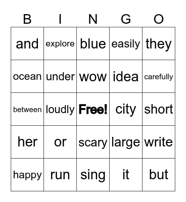 Parts of Speech Bingo Card