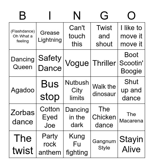 SNB  - Dance Songs Bingo Card