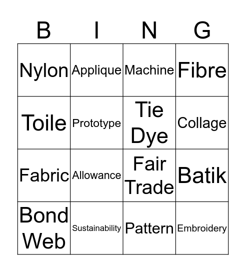 KS3 Textiles -  Key Words Bingo Card